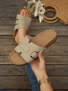 Women's Open Toe Round Toe Beach Sandals, Slip-On, Minimalist, Comfortable, Plus Size, Casual, Vacation Style, Satin Thick Sole Sandals, Suitable For Beach, Party, Home, Outdoor Wear, Spring/Summer New Elegant Sandals - Beige - View 5