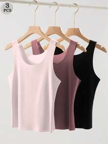 3pcs Seamless Camisole - Soft Round Neck Sleeveless Basic Tops In Transparent/Semi-Transparent Colors - Multicolor - View 8