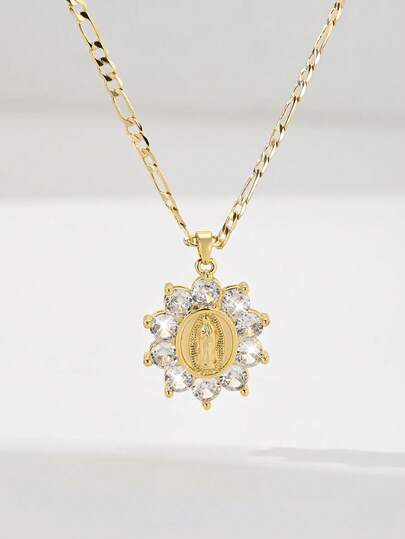  1 pieza Collar con colgante de la Virgen de Guadalupe con flor de sol de circonia incrustada en cobre estilo clásico europeo y americano, edición limitada, adecuado para regalos de Navidad/Acción de Gracias/Halloween/Día de la Madre/Día de San Valentín, Primera Comunión Católica, uso diario y festivo, oración