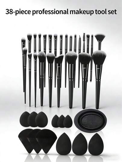 38pcs Makeup Brush Set, Including: 25pcs Makeup Brushes + 3pcs Makeup Sponges + 3pcs Mini Makeup Sponges + 3pcs Makeup Powder Puffs + 3pcs Mini Air Cushion Puffs + 1pc Makeup Brush Cleaning Tool