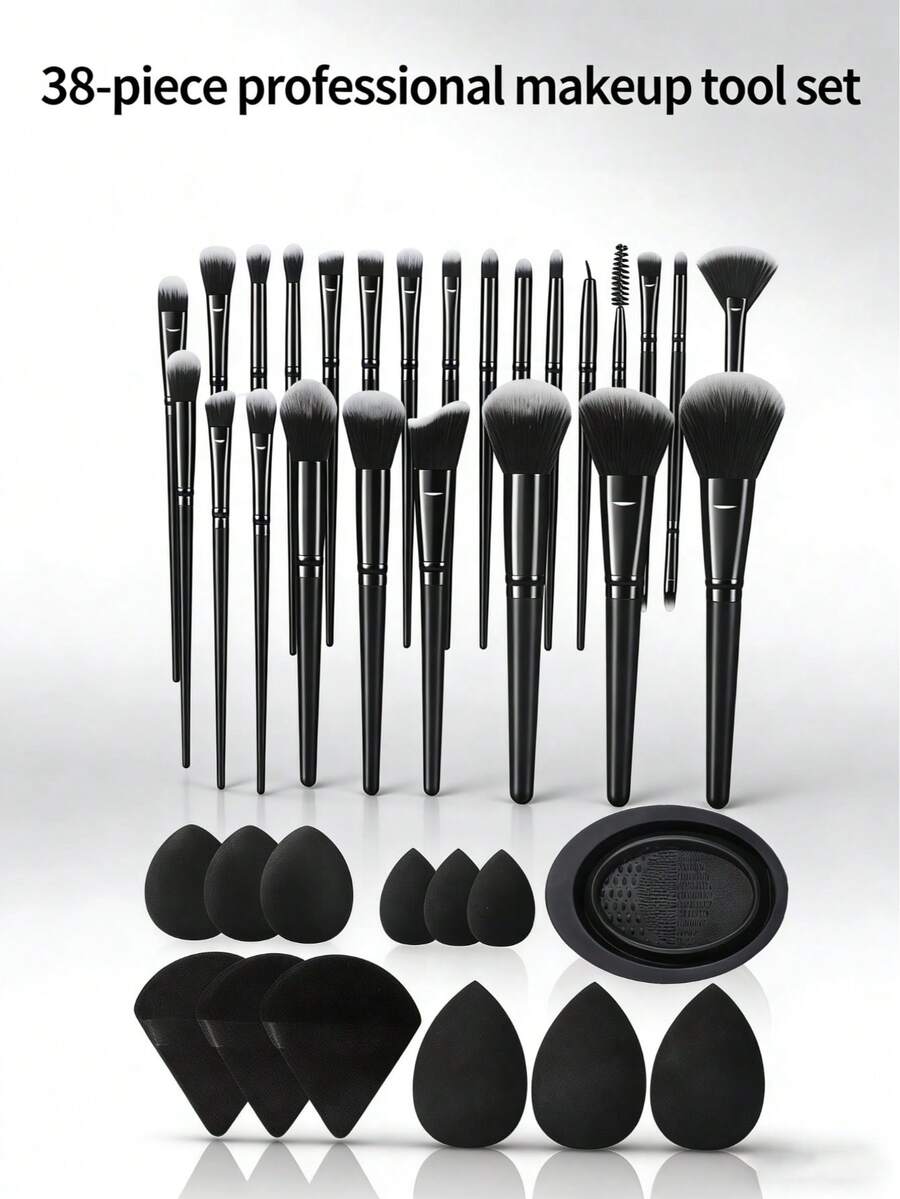 38件套化妆刷套装，包含：25支化妆刷 + 3个化妆海绵 + 3个迷你化妆海绵 + 3个粉扑 + 3个迷你气垫粉扑 + 1个化妆刷清洁工具 - 咖啡棕 - 查看 1