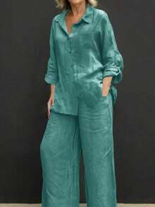 Lightweight Collar Casual Cardigan, Versatile Solid Color Elegant Blouse Top Suitable Beach, Daily, Commuting, Work, Shopping, Soft Fabric, Elastic Waist Loose Pants, 2-Piece Set, Spring/Summer/Autumn - Cadet Blue - View 3