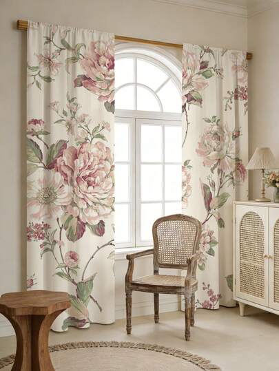 2pcs Vintage Floral Curtains Featuring Pale Pink Peonies, Green Leaves, And Climbing Vines In A 2D Flat Print. A Classic Country Style Suitable For Bedrooms And Living Rooms.