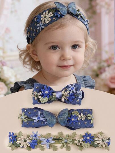 3 chiếc băng đô cài tóc họa tiết hoa cúc và bướm nhiều màu sắc cho bé 0-3 tuổi, kiểu dáng cổ điển.