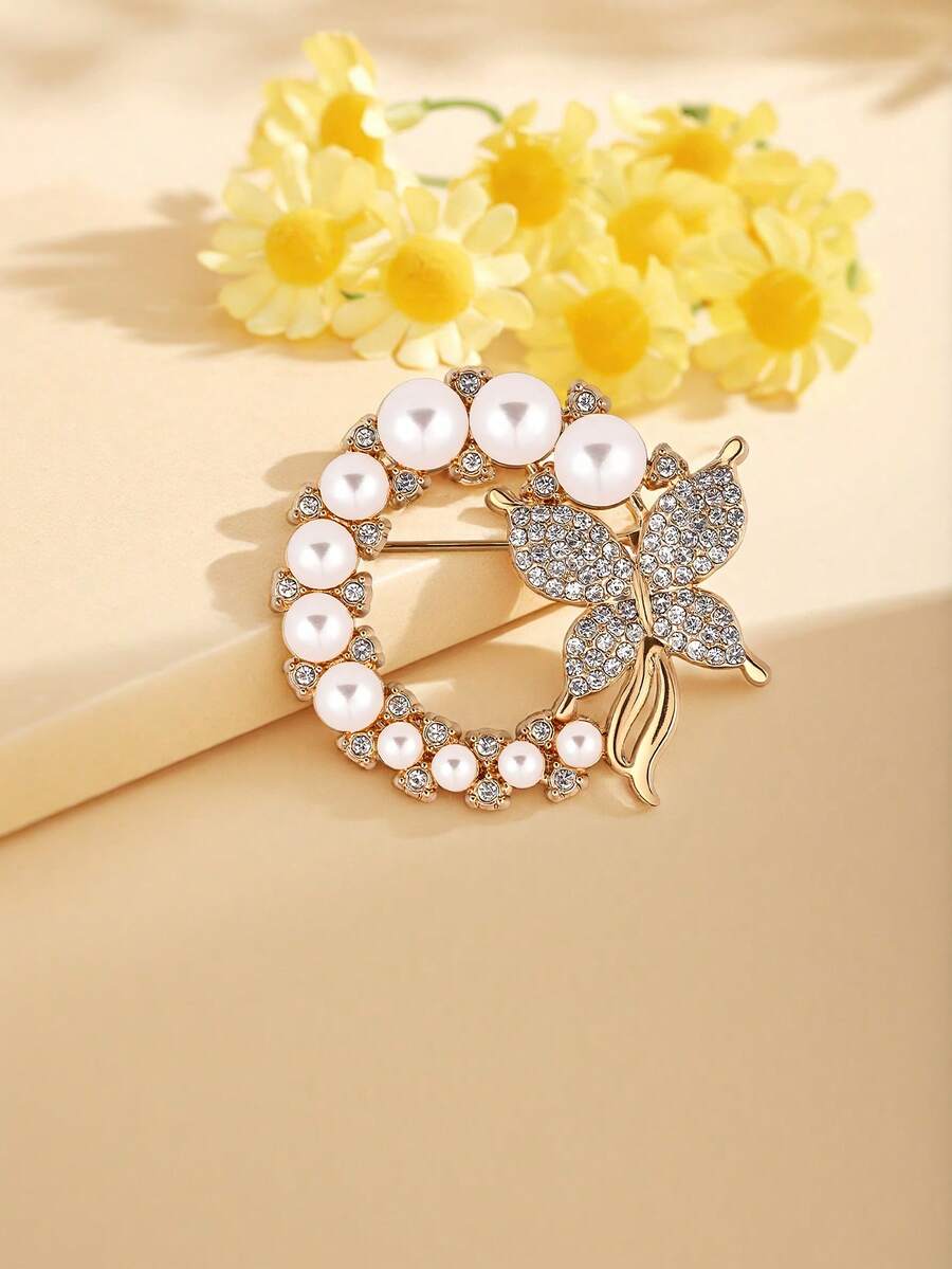 1pc Fashion Pearl Rhinestone Brooch Women's Baroque Butterfly Pin Apparel Accessories Wedding Gift - Silver - View 1