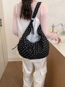 1个女士纯色尼龙单肩斜挎新月包，时尚印花涂鸦褶皱蝴蝶结装饰手提包，适合运动、旅行、校园等场合 - 黑色 - 查看 4