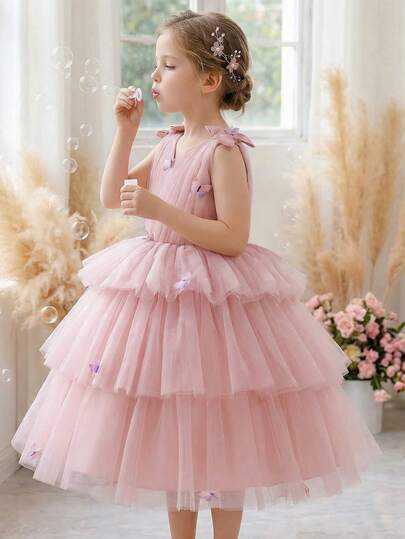 Đầm công chúa màu hồng sang trọng, thanh lịch cho bé gái, cổ chữ V, trang trí bướm 3D, xếp ly nhiều lớp bằng vải tuyn bồng bềnh, đầm dự tiệc duyên dáng cho bé gái, thích hợp cho dã ngoại, kỳ nghỉ, bãi biển, sinh nhật, tiệc tùng, đám cưới, lễ tốt nghiệp, biểu diễn sân khấu.