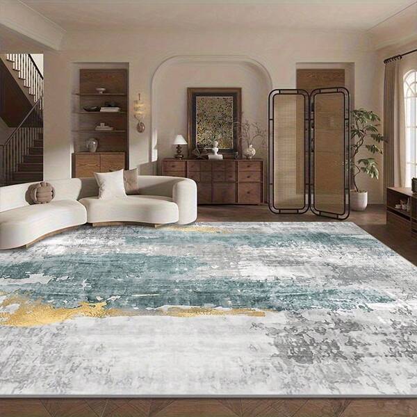 1pc Modern Luxury Gray-Green Gilded Abstract Ink Painting Pattern Rug. Velvet Material Weighs Approx. 850g, Thickness Approx. 0.6cm. Rug Is Wear-Resistant, Anti-Slip, Easy To Clean. Available In Multiple Sizes. Suitable For Kitchen/Living Room/Dining Room/Bedroom/Balcony/Bathroom/Study. Perfect Choice For Home Decor.