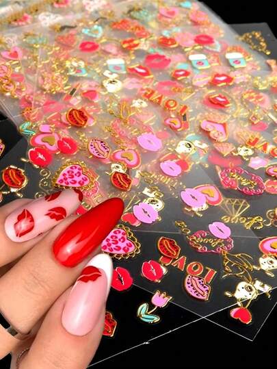 30 hojas de pegatinas de arte de uñas para el Día de San Valentín, calcomanías de uñas con corazones rojos, labios de beso 3D autoadhesivos, suministros de uñas DIY, decoración de uñas acrílicas, accesorios para mujeres y niñas