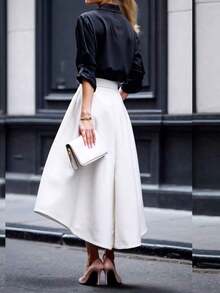 Women's Elegant Single-Breasted Long Sleeve Top And Contrast Color Zipper Skirt 2-Piece Set, Commuting, Elegant, Casual, Zipper, Spring/Summer - Trắng-xanh - Xem 10