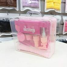 Bộ 9 chai đựng mỹ phẩm du lịch có thể tái sử dụng, bao gồm sữa rửa mặt, băng đô cài tóc, vòng đeo tay, chai xịt, chai đựng kem dưỡng da có vòi bơm. - Bộ 9 món màu hồng - Xem 3