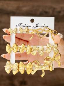 12 pezzi Set di orecchini a fiocco in oro massiccio spesso, orecchini a fiocco intagliati a vuoto, accessori di gioielleria di lusso per donne, adatti per vari outfit - Dorato - Visualizzare 1