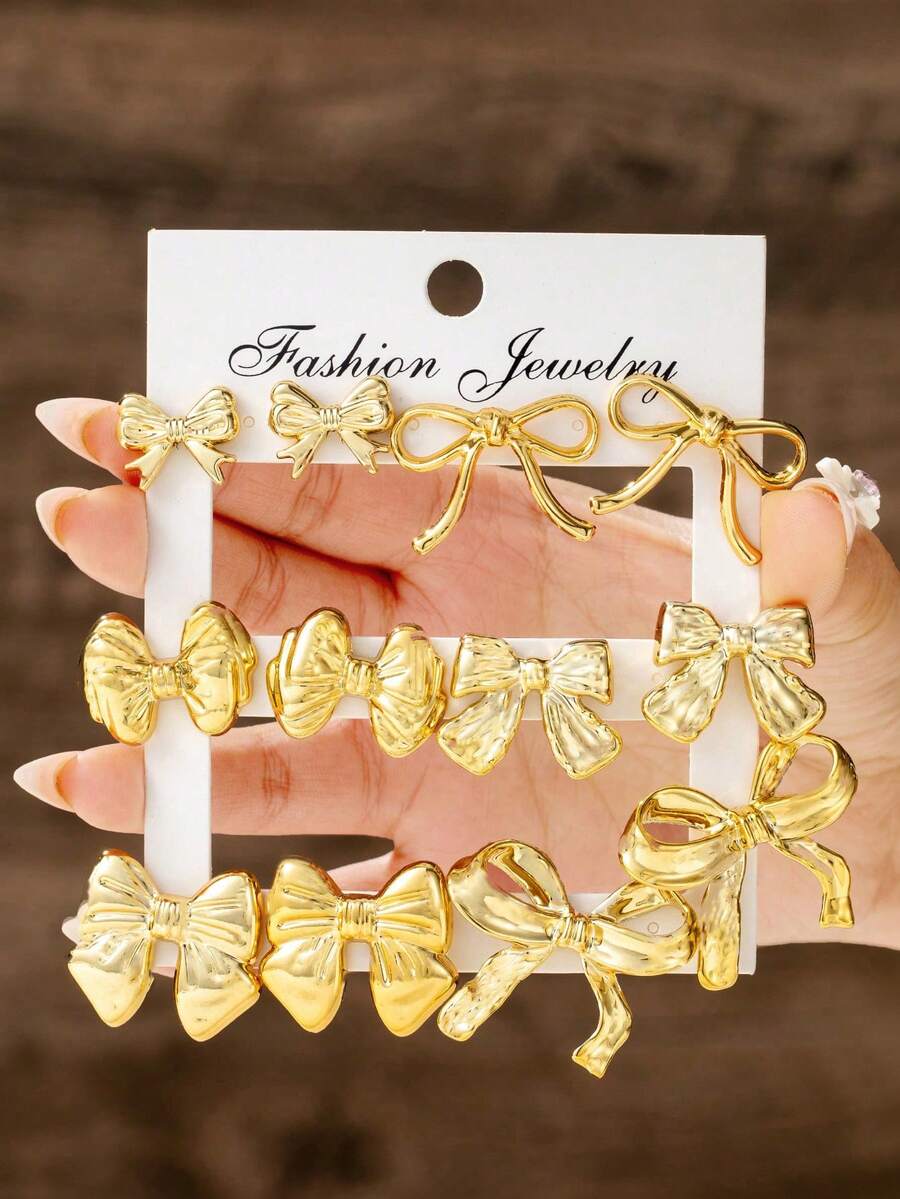 12 pezzi Set di orecchini a fiocco in oro massiccio spesso, orecchini a fiocco intagliati a vuoto, accessori di gioielleria di lusso per donne, adatti per vari outfit - Dorato - Visualizzare 1
