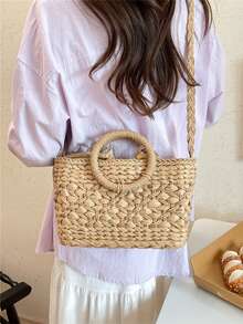 Túi tote 2 trong 1 có dây rút, làm từ rơm giấy tự nhiên, họa tiết hình thoi, thích hợp cho kỳ nghỉ, đi biển, đi làm hàng ngày, dã ngoại mùa xuân/hè. - Màu Khaki - Xem 9