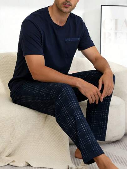 男士睡衣套装，圆领纯色简约口袋短袖衬衫搭配格子长裤，休闲舒适家居服