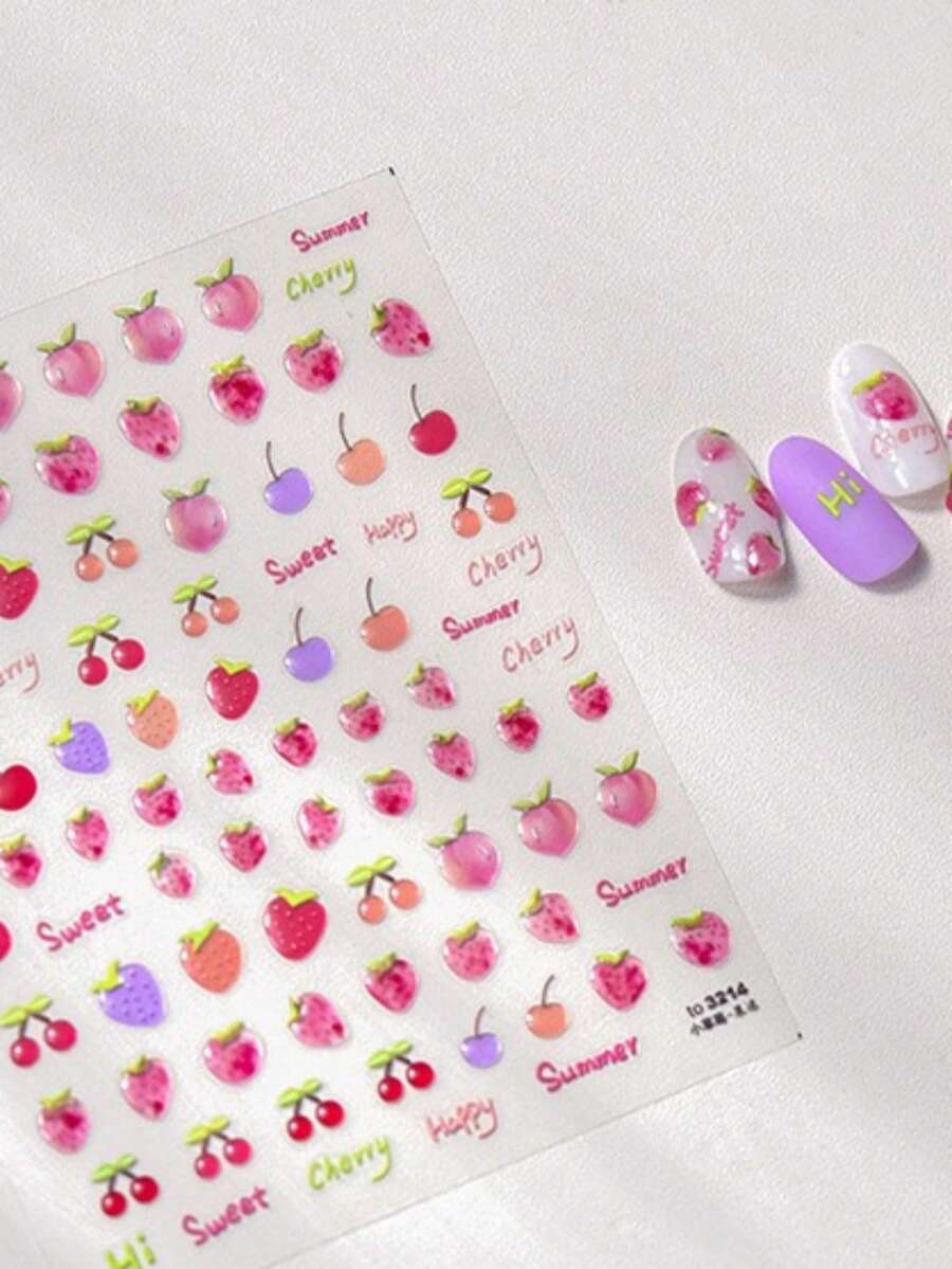 1片5D美甲贴纸，甜美粉色半透明蜜桃果冻质感，5D软浮雕自粘美甲贴纸，可爱水果5D美甲贴花 - 彩色 - 查看 1