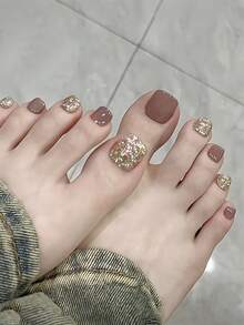 24pcs Short Square Toe Nail Stickers, Beige Tone Glitter Mixed With Solid Beige Nail Decals, Includes 1pc Nail Buffer And 1pc Random Jelly Gel - Multicolor - View 1