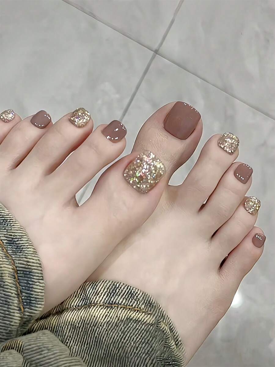 24pcs Short Square Toe Nail Stickers, Beige Tone Glitter Mixed With Solid Beige Nail Decals, Includes 1pc Nail Buffer And 1pc Random Jelly Gel - Multicolor - View 1