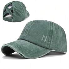 1pc Vintage Washed Criss Cross Ponytail Cap For Women | Distressed Denim Baseball Hat With High Bun Hole - A - 查看 15