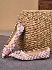 WHDXY 2026新款千鸟格尖头平底鞋，金属扣套脚乐福鞋，软底船鞋，适合工作、聚会、日常穿着 - 西瓜粉 - 查看 6