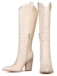 Women's Western Cowboy Boots Slip On Embroidered Pointed Toe Chunky Heel Outdoor Fashion Retro Style Spring Fall Knee High Riding Boots White Cowboy Boots Women - trắng - Xem 6