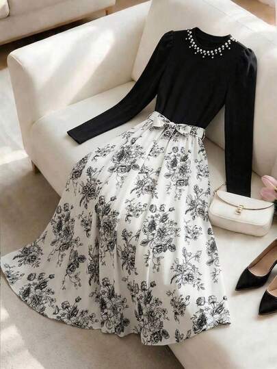 女士3D珍珠装饰长袖花卉拼接弹力连衣裙，适合节日派对、秋冬季黑色度假春季优雅