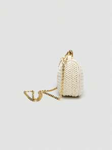 1个编织包，夏季新品，女士包包，金属手柄迷你斜挎拉链编织包，草编小包，休闲女士手提包，单肩包，斜挎包，非常适合夏季海滩度假，配有可拆卸肩带 - 白色 - 查看 5