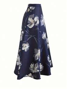 Spring & Summer Elegant Floral Print High Waist Skirt, Minimalist Commuting Style Vacation - Navy Blue - View 3