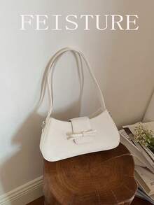 1个FEISTURE PU皮革蝴蝶结翻盖单肩包，时尚女士腋下法棍包，适合日常外出、约会、通勤。 - 白色 - 查看 7