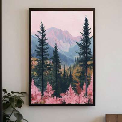1 pieza, Arte de pared en lienzo, Arte de pared enmarcado, Impresión artística de bosque rosa, Póster de paisaje nórdico minimalista, Escenario de naturaleza nórdica, Diseño de hermoso valle y naturaleza salvaje, Decoración de apartamento, Decoración del hogar, Decoración rústica, Pósteres de arte de paisaje, Decoración de habitación, Decoración de dormitorio, Decoración de sala de estar, Decoración de baño, Decoración de cocina, Regalos decorativos, Regalos de inauguración de la casa
