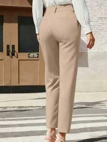 Women's Casual Business Solid Color High Waist Double Button Design Slant Pocket Slim Fit Skinny Pants - Màu Khaki - Xem 4