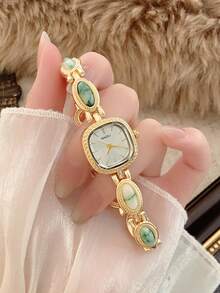 1 chiếc đồng hồ nữ mặt vuông nhỏ bằng thép không gỉ màu bạc cổ điển, kiểu dáng tối giản thanh lịch sang trọng, đồng hồ đeo tay thạch anh nhỏ nhắn phù hợp để đeo hàng ngày, dự tiệc và các dịp khác. - màu xanh lá - Xem 2