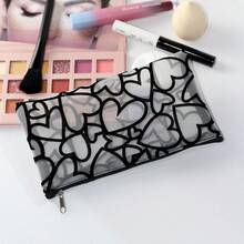 1pc Fashion Mesh Flocked Big Heart Minimalist Cosmetic Bag, See-Through Handheld Organizer Pouch, Convenient Zipper All-In-One Toiletry Bag, Practical - White - View 1