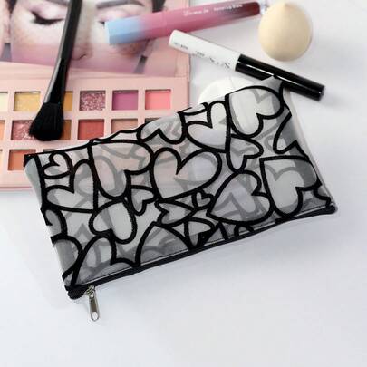 1pc Fashion Mesh Flocked Big Heart Minimalist Cosmetic Bag, See-Through Handheld Organizer Pouch, Convenient Zipper All-In-One Toiletry Bag, Practical