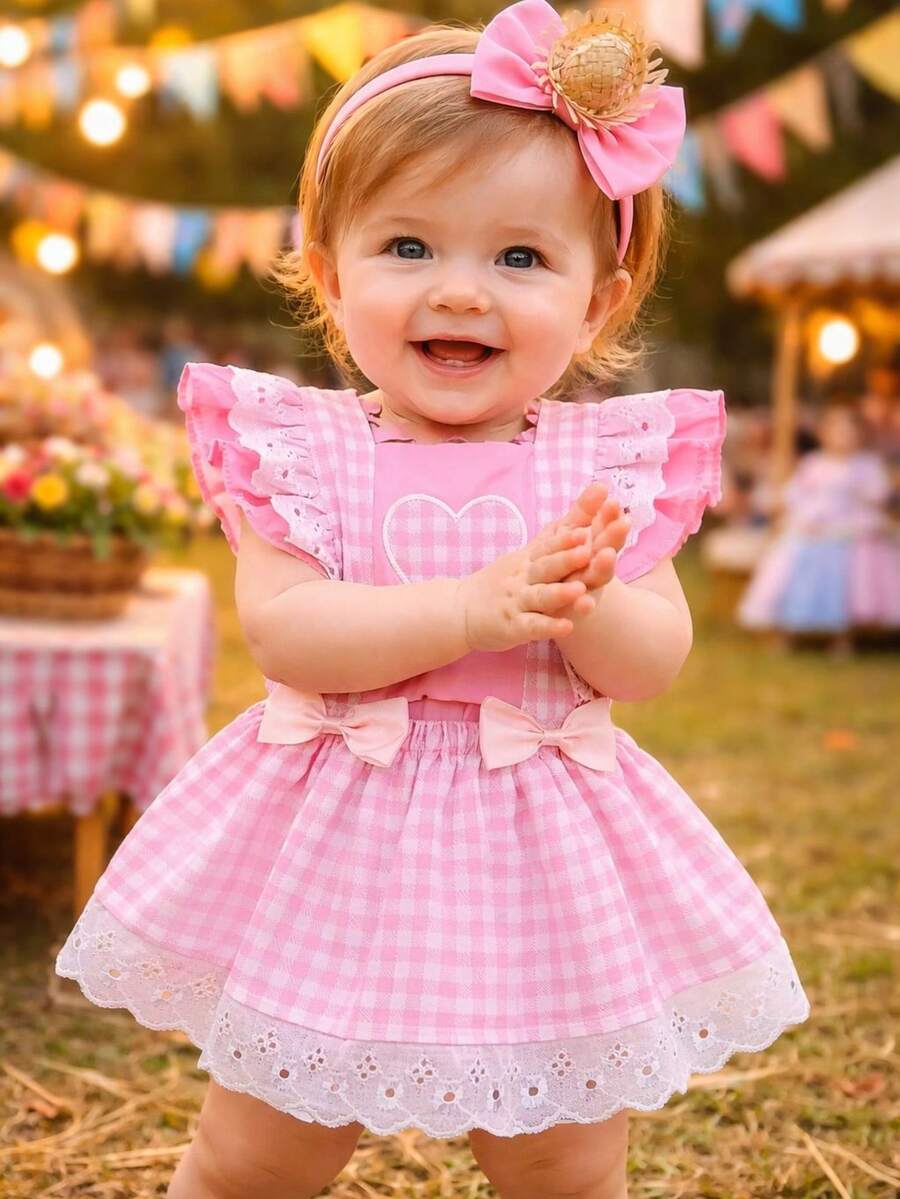 Romper Overalls Girl's Month Birthday Party Junina Pink Farm - 淺粉色 - 查看 1