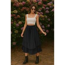 Maxi Skirts For Women Summer Fall High Waist Drawstring Long Skirt Ruffle Layered Medieval Skirts With Pockets - 藍色 - 查看 3