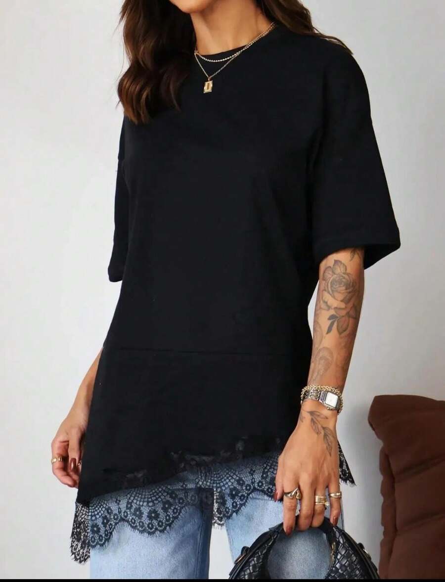 Women's Viscose/Lycra T-Shirt With Lace - 黑色 - 查看 1