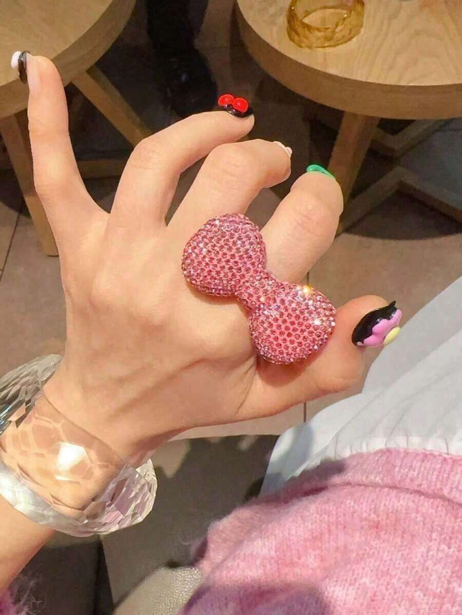1pc Y2K Millennium Shiny Visual Series Pink Bow Adjustable Open Ring, Women Jewelry Accessory, - 弓 - 查看 1