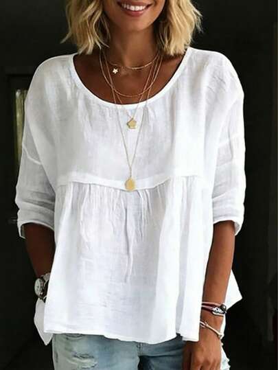 Plus Size Women Solid Color Ruffle Trim Blouse, White Casual Shirt Spring