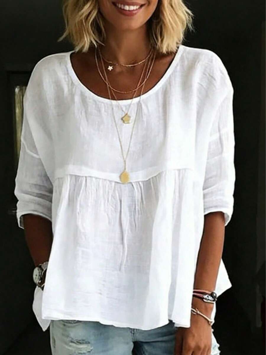 Plus Size Women Solid Color Ruffle Trim Blouse, White Casual Shirt Spring - White - View 1