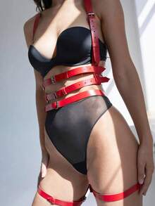 1 Set Women's Gothic Style Red 3-Layer Waist Binding, Leg Wrap All-In-One Outfit, Fashionable PU Leather Suspender Suit, Suitable For Music Festivals, Parties, Cosplay - Red - View 4