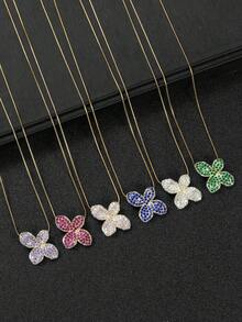 1pc Fashion Cubic Zirconia Flower Pendant Necklace, Snake Bone Clavicle Chain, Daily Wear Gift For Women - Gold - View 1