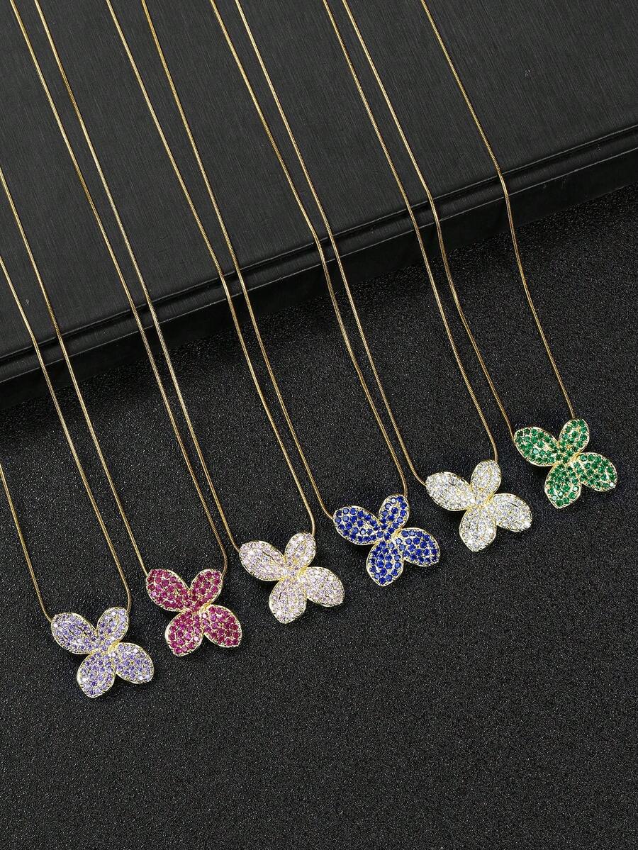 1pc Fashion Cubic Zirconia Flower Pendant Necklace, Snake Bone Clavicle Chain, Daily Wear Gift For Women - Gold - View 1