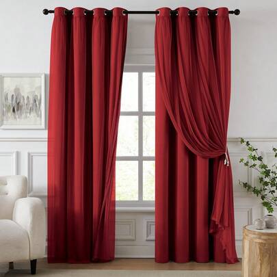 1pc Korean Style Minimalist Red Blackout Curtain, Double-Layer All-Shading, Heat Insulation, UV Protection, Suitable For Living Room, Bedroom, Kids Room, With Grommets