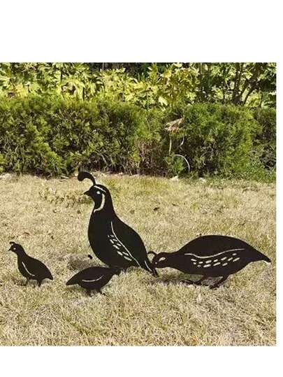 4 tấm biển trang trí sân vườn hình gia đình chim cút kèm cọc, dùng để cắm xuống đất, trang trí nhà cửa ngoài trời, trang trí sân vườn, hàng rào, bãi cỏ, trang trí mùa xuân (hai tấm lớn và hai tấm nhỏ)