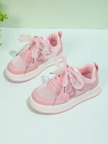 1 Pair Kids' New Fashion Breathable Mesh Soft Bottom PU Hook And Loop Design Cute Outdoor Running Flat Sports Shoes, Suitable For All Seasons - Pink - View 3