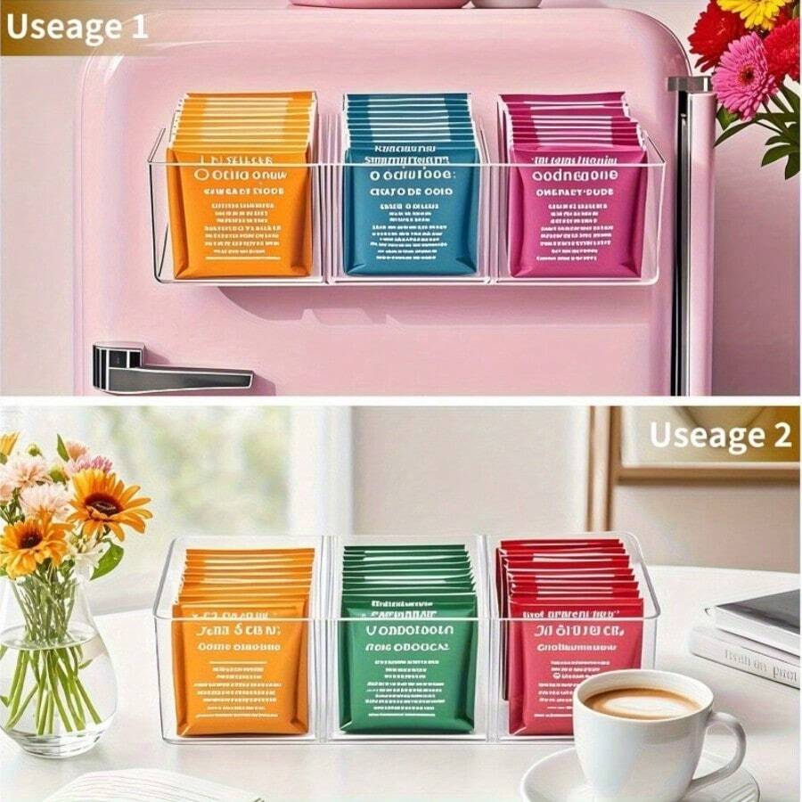 1pc 3-Compartment Lucky Tea Bag Storage Box, Suitable For Kitchen Cabinets, Coffee Corners And Tableware Storage - Multicolor - View 1