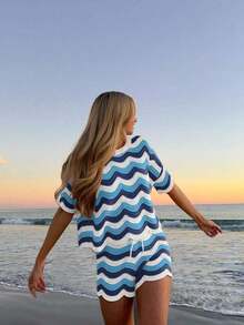 Women's Spring European And American Fashion Hollow Crochet Knit Short Sleeve Top And Casual Shorts Two Pieces Set Vacation - 多色 3 - 查看 5