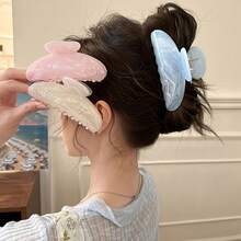 3-Color Set Marble Streamer Cloud Pattern Crescent Acetate Hair Clip, High-End Fashionable Sweet Hair Accessory, Back Of Updo Half-Grip Hair Versatile Shark Clip T012 - 方形 - 藍,白,粉紅色,3 色/套 - 查看 1