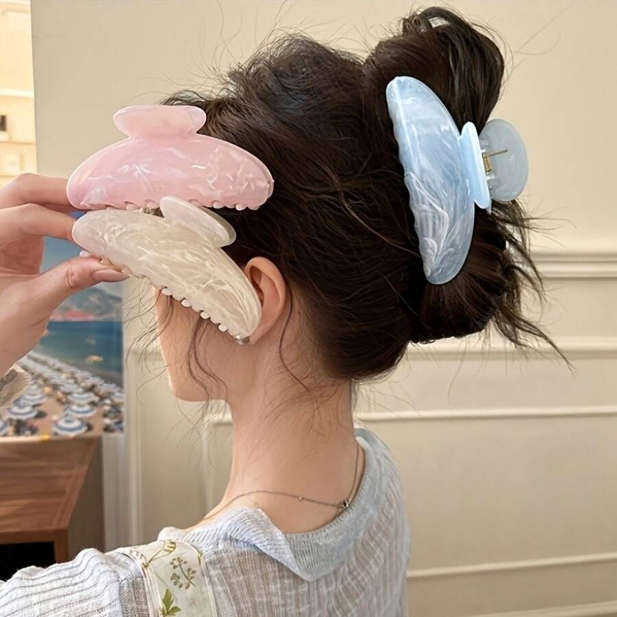 3-Color Set Marble Streamer Cloud Pattern Crescent Acetate Hair Clip, High-End Fashionable Sweet Hair Accessory, Back Of Updo Half-Grip Hair Versatile Shark Clip T012 - 方形 - 藍,白,粉紅色,3 色/套 - 查看 1